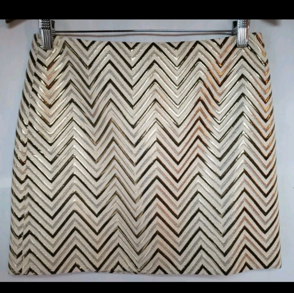 🆕J. Crew Gold Metallic Chevron A-Line Mini Skirt Geometric Print Womens Size 12